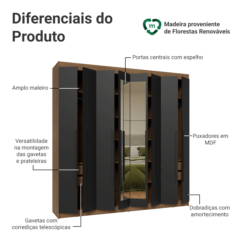Guarda-Roupa Casal 8 Portas Batentes com Espelho Rustic/Preto/Preto Venus Madesa