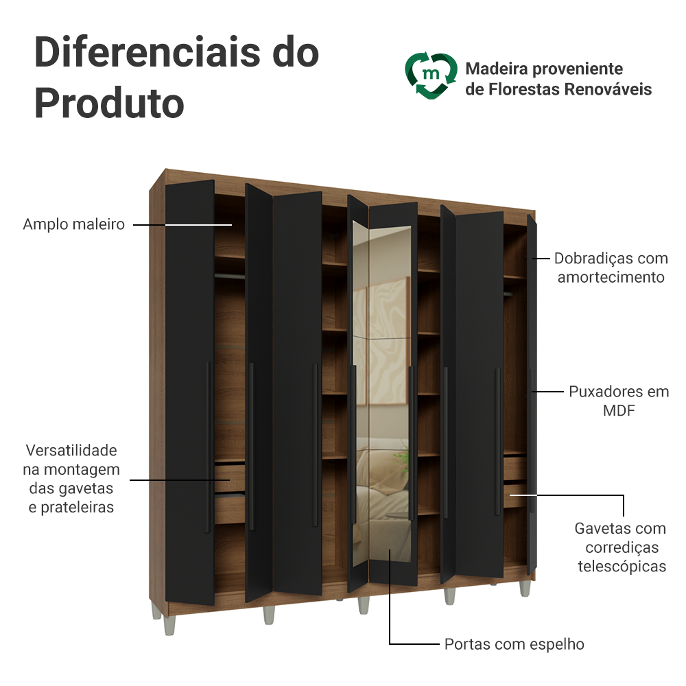 Guarda-Roupa Casal com Pés 8 Portas Batentes com Espelho Rustic/Preto/Preto Venus Madesa