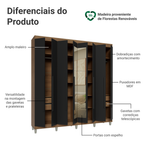 Guarda-Roupa Casal com Pés 8 Portas Batentes com Espelho Rustic/Preto/Preto Venus Madesa