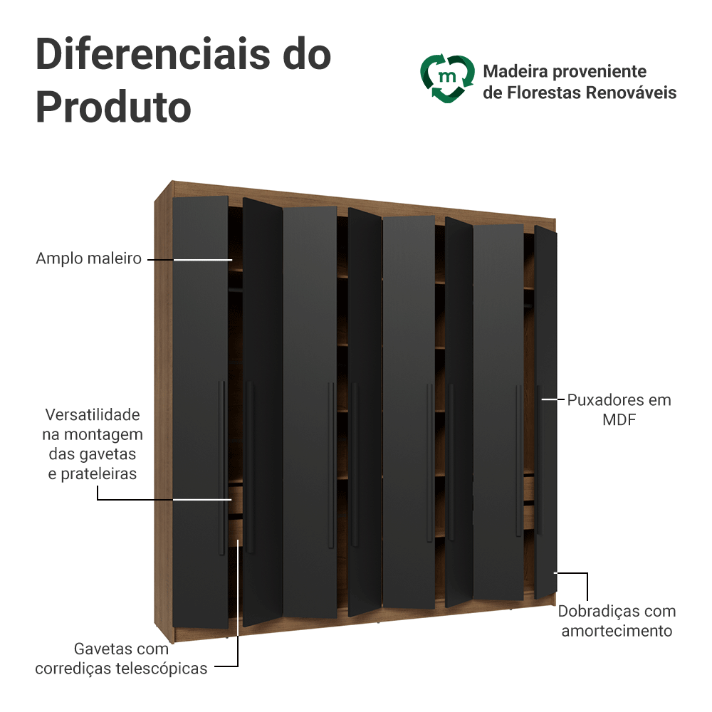 Guarda-Roupa Casal 8 Portas Batentes Rustic/Preto/Preto Venus Madesa