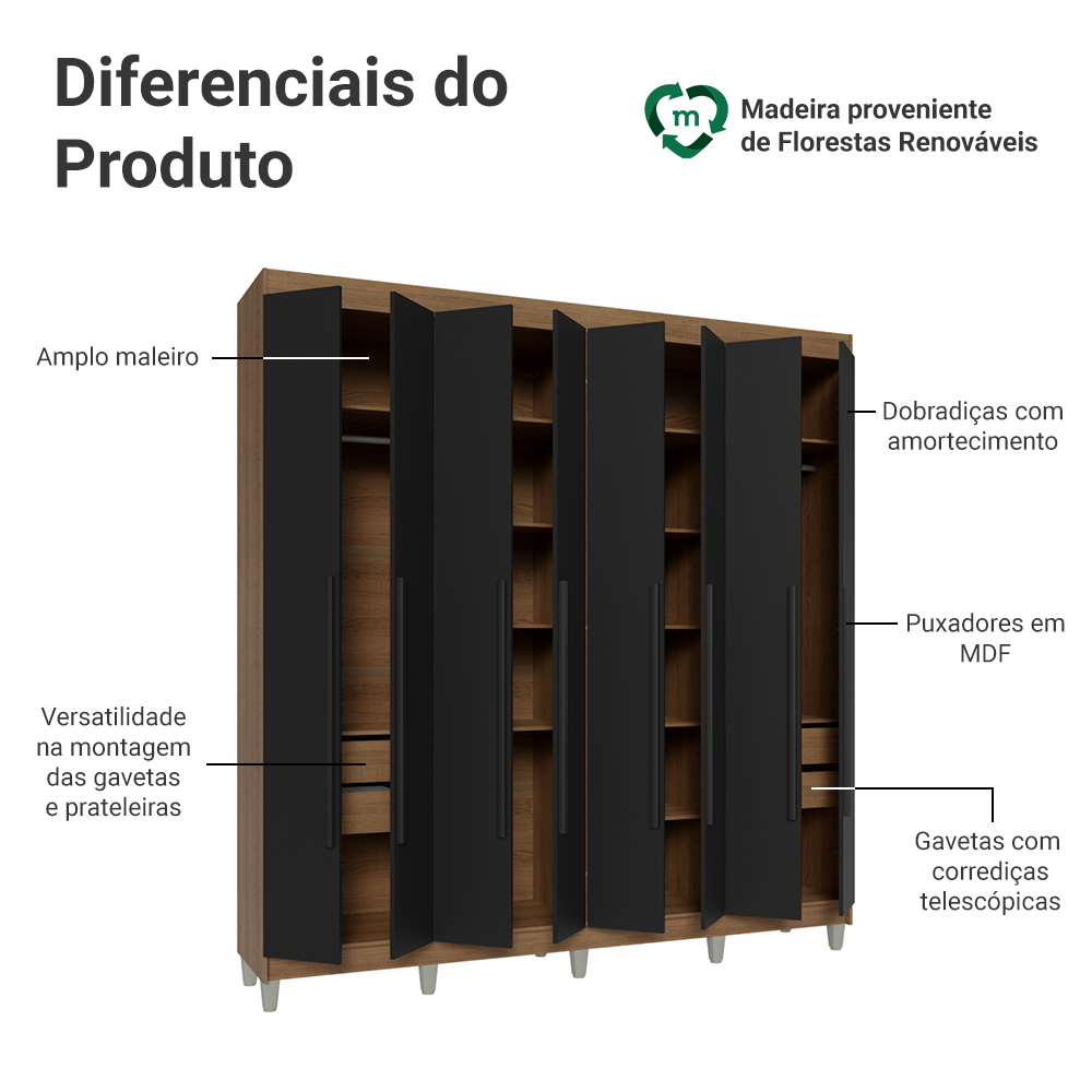 Guarda-Roupa Casal com Pés 8 Portas Batentes Rustic/Preto/Preto Venus Madesa