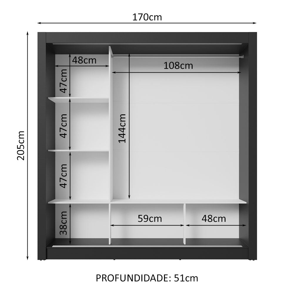 Guarda-Roupa Casal 3 Portas de Correr Preto/Branco Nobre Madesa