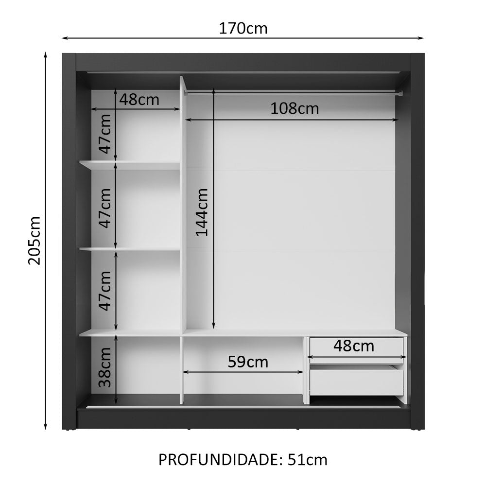 Guarda-Roupa Casal 3 Portas de Correr Preto/Branco Sublime Madesa