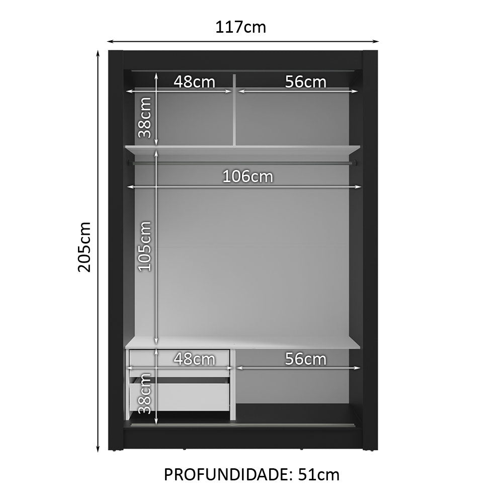 Guarda-Roupa Solteiro 2 Portas de Correr 2 Gavetas Preto/Branco Vivare Madesa