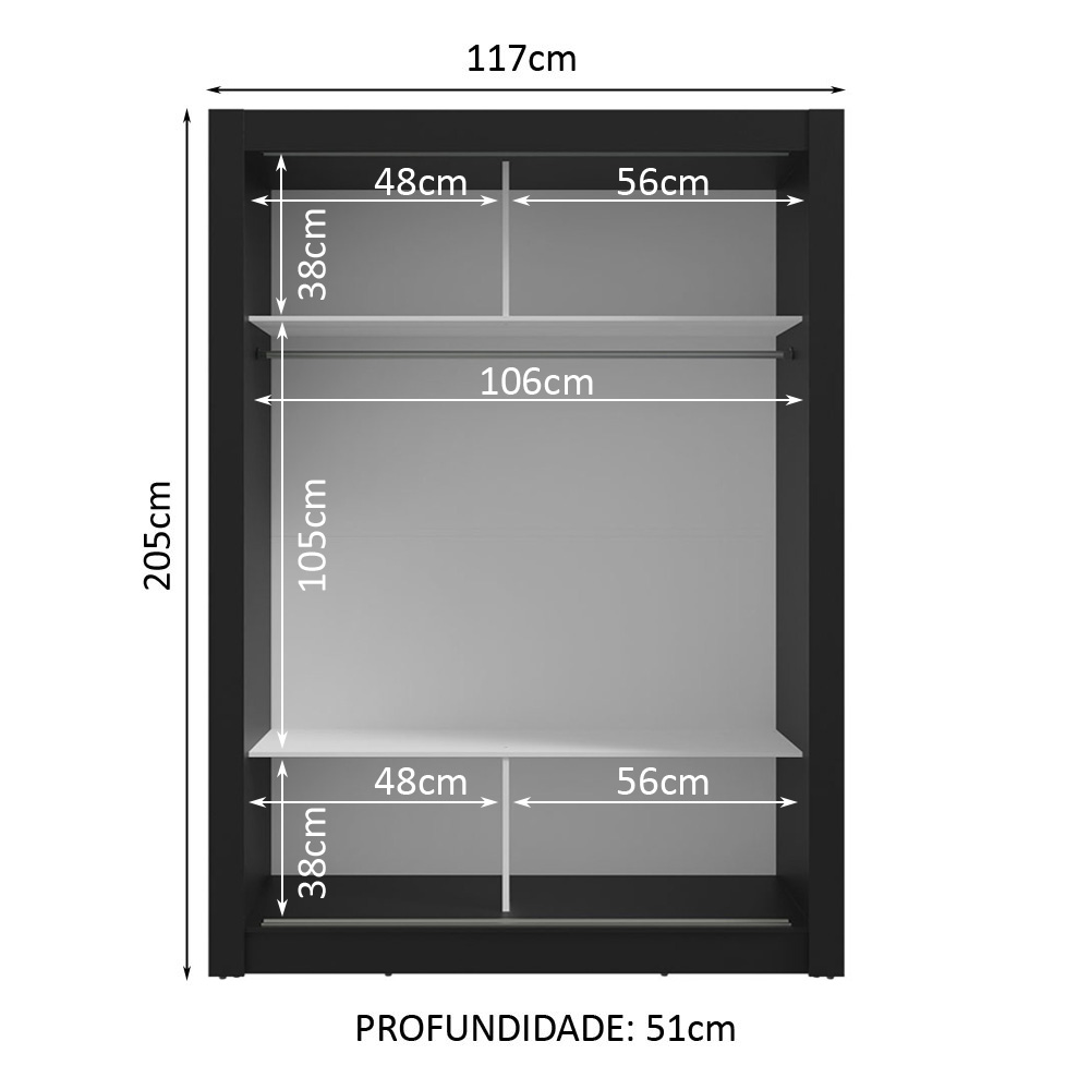 Guarda-Roupa Solteiro 2 Portas de Correr com Espelho Preto Milano Madesa