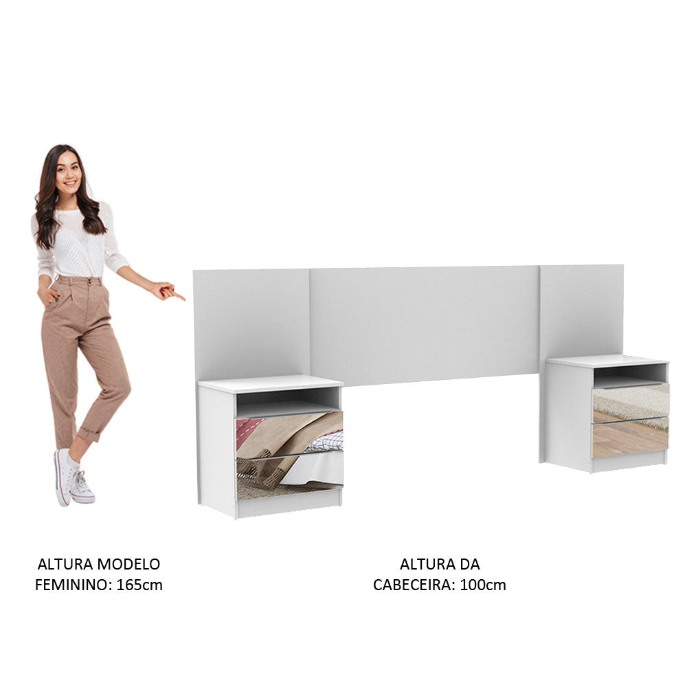 Cabeceira Extensível Madesa com 2 Mesas de Cabeceira com Espelho Branco