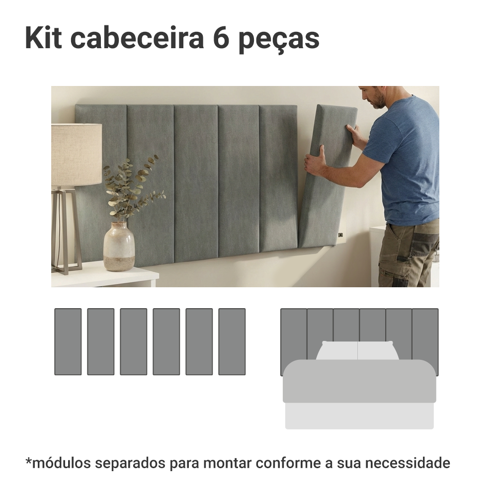 Cabeceira Estofada Modular Kit 6 Peças para Camas de Solteiro Silver Madesa