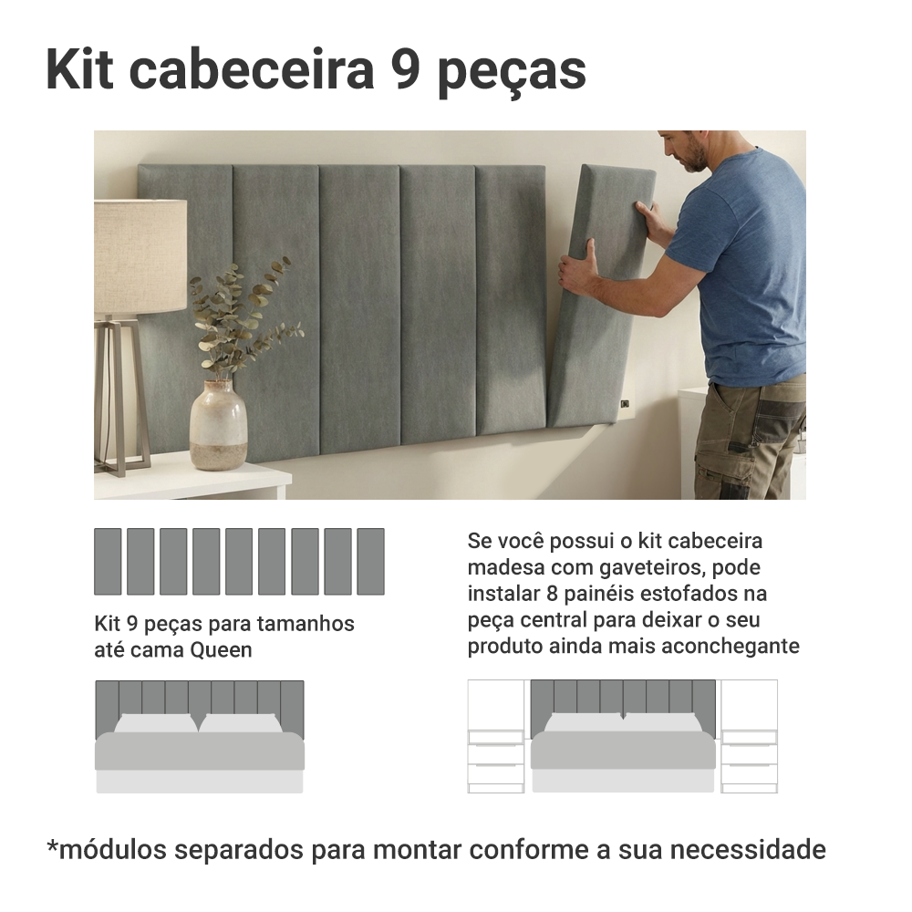 Cabeceira Estofada Modular Kit 9 Peças para Camas até Casal/Queen Silver Madesa