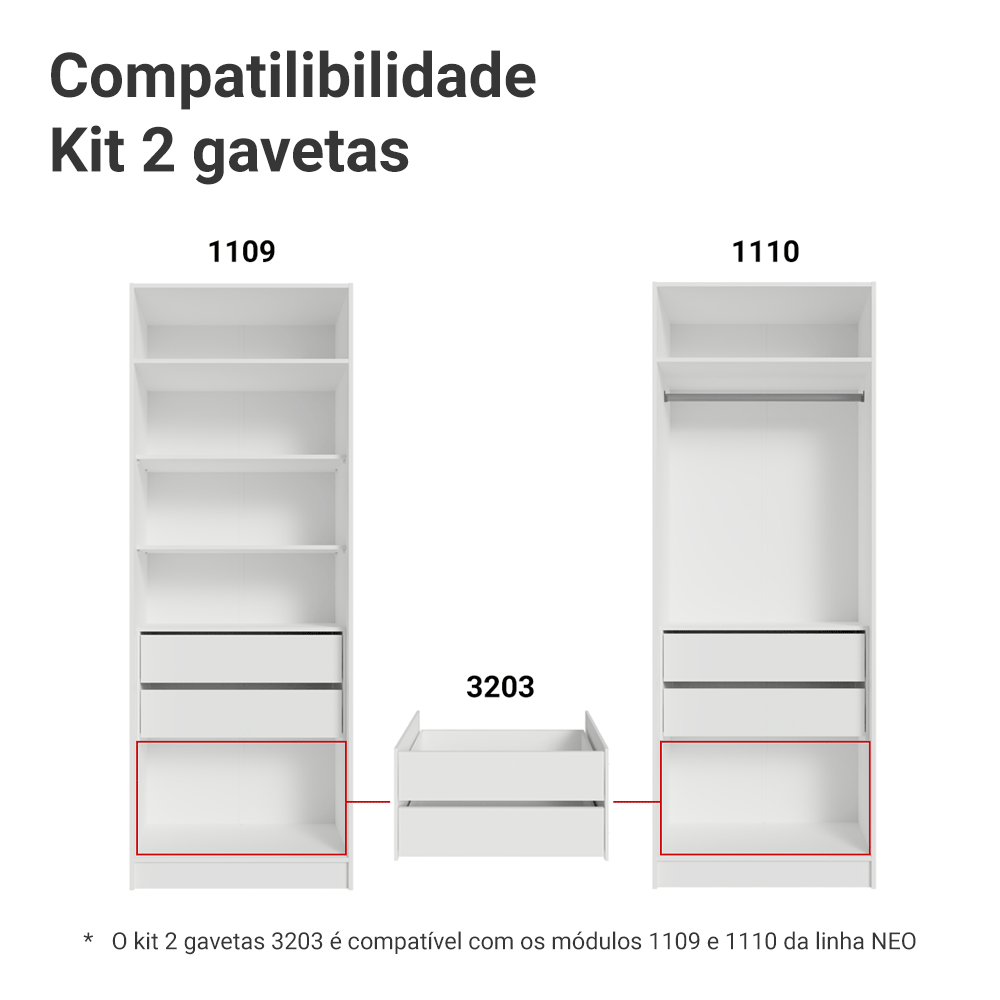 Kit 2 Gavetas para Guarda-Roupa Modulado Neo Branco Madesa