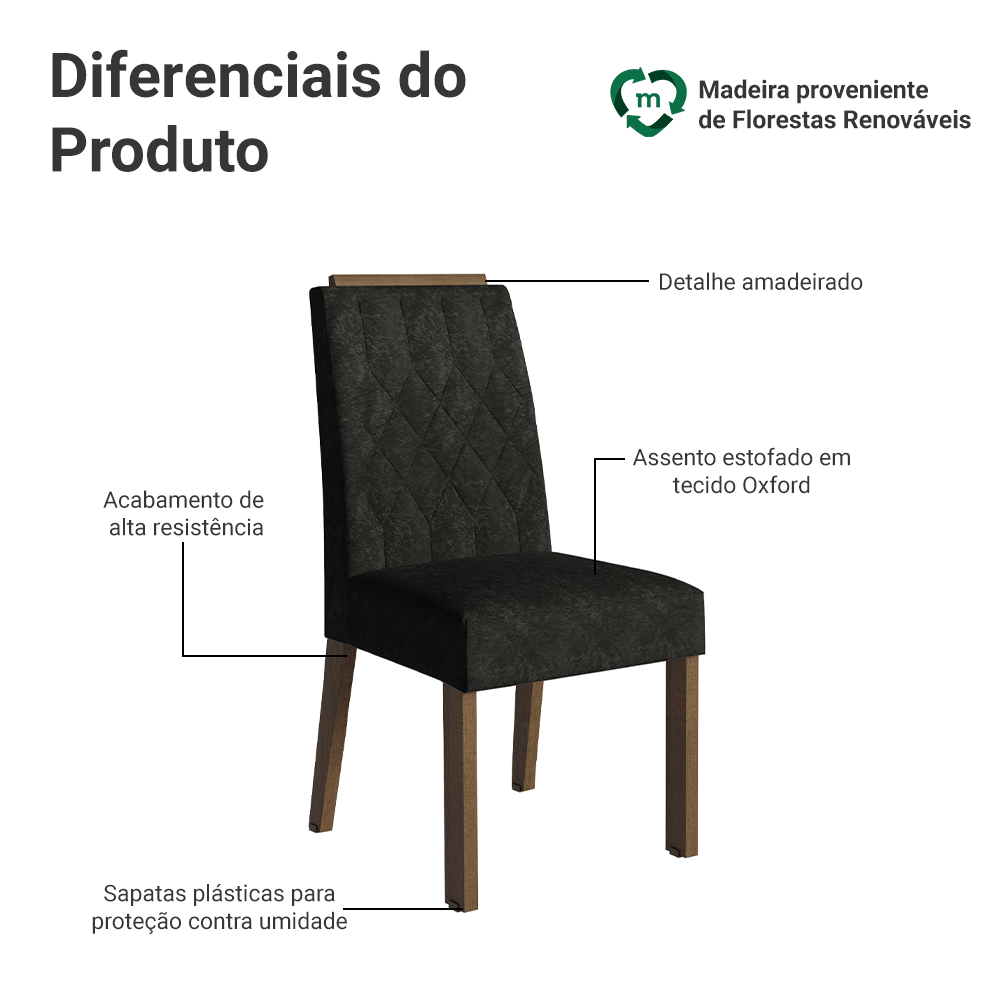 Kit 4 Cadeiras de Jantar 4256 com Espaldar Rustic/Oxford Madesa