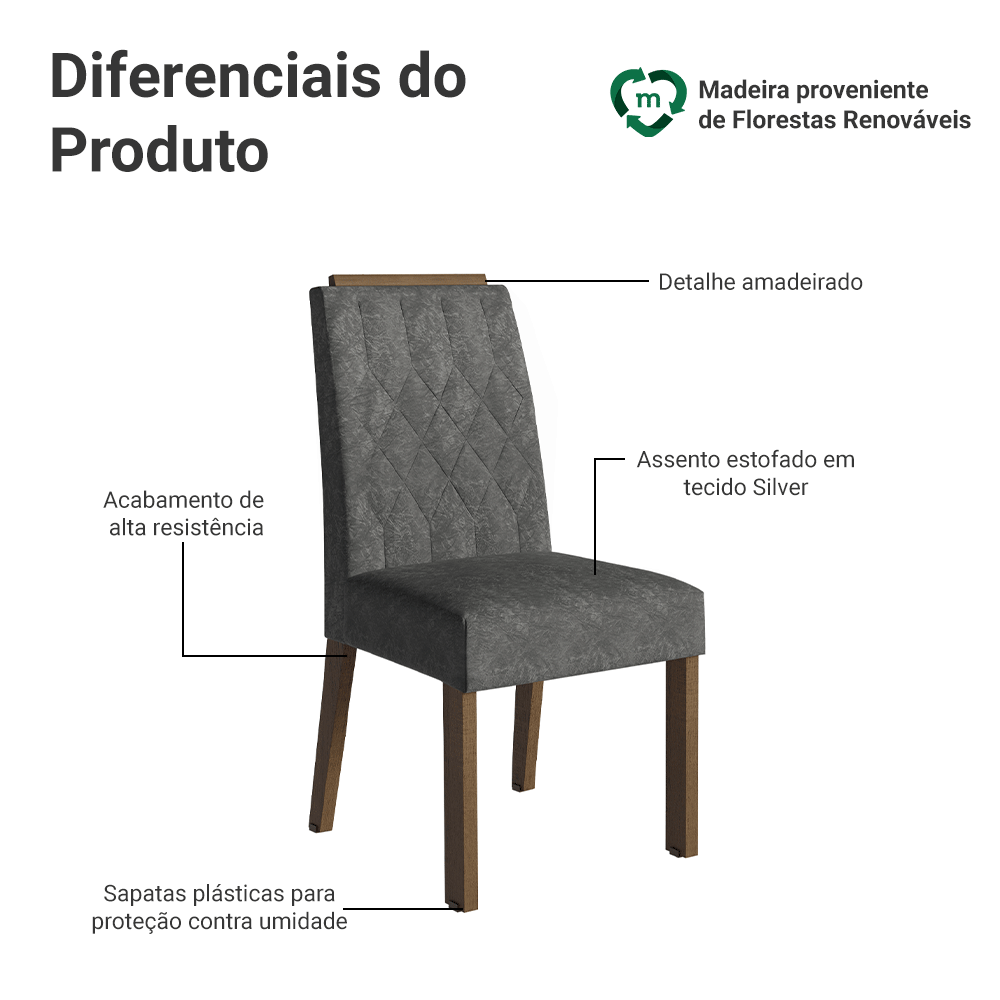 Kit 4 Cadeiras de Jantar 4256 com Espaldar Rustic/Silver Madesa