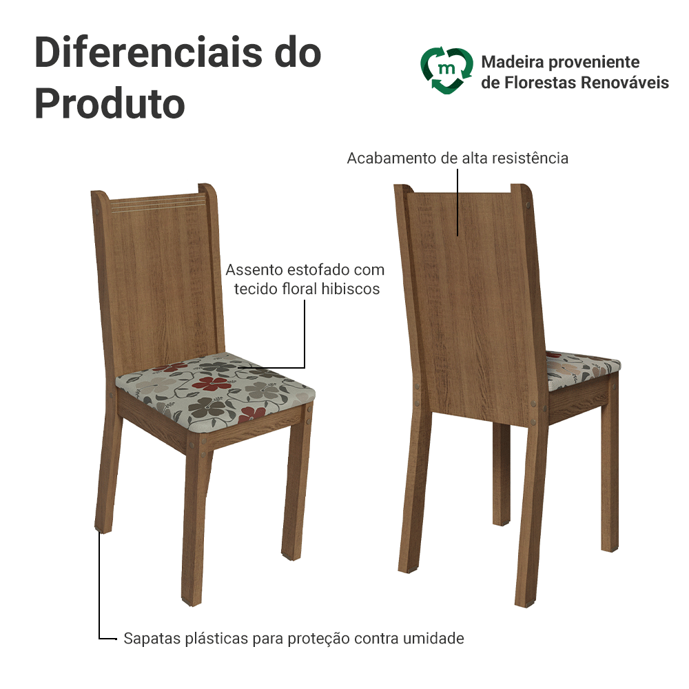 Kit 4 Cadeiras 4290 Madesa Rustic/Hibiscos