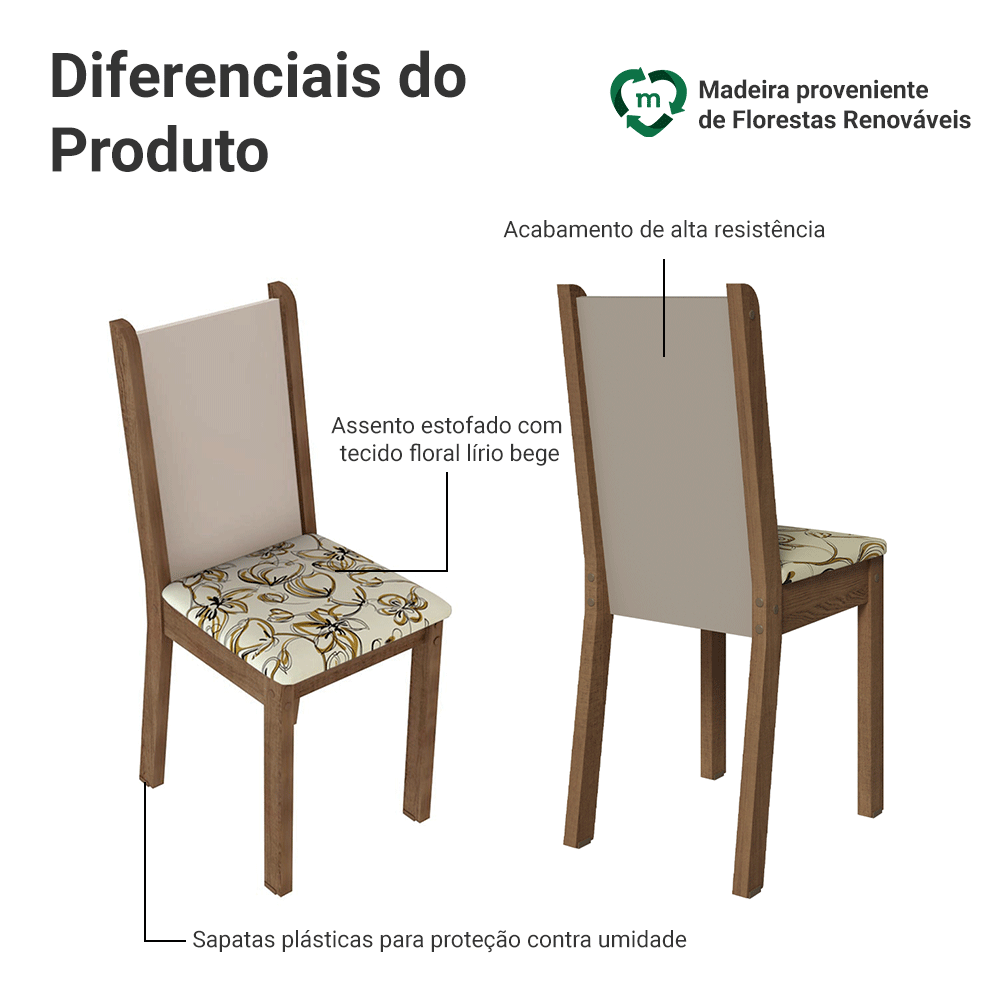 Kit 4 Cadeiras de Jantar 4291 Rustic/Crema/Lírio Bege Madesa