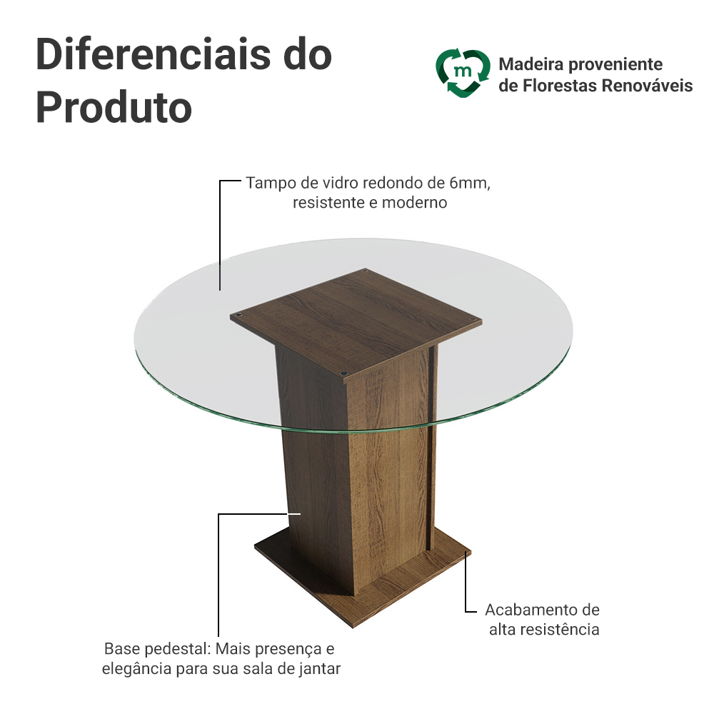 Mesa de Jantar Redonda Madesa 5325 com Tampo de Vidro Rustic