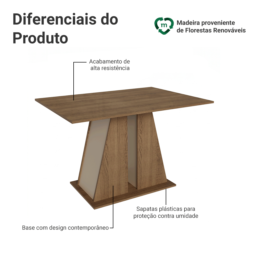 Mesa de Jantar Retangular com Tampo de Madeira Rustic/Crema 5383 Madesa