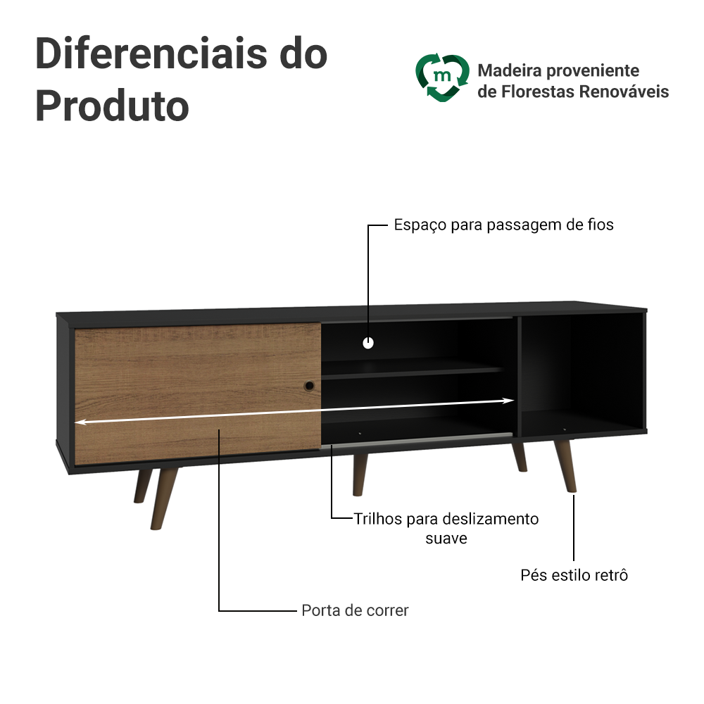 Rack Madesa Dubai para TV até 65 Polegadas com Pés Preto/Rustic D85Z