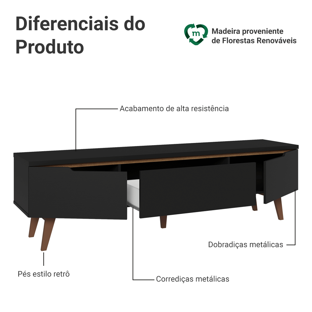 Rack para TV até 80 Polegadas 180cm 2 Portas 1 Gaveta Preto/Rustic Doha Madesa