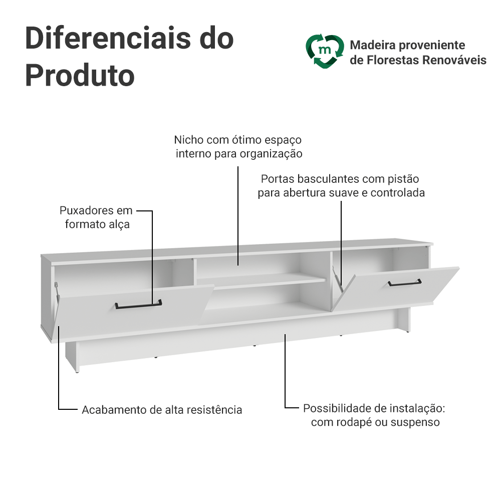 Rack para TV até 80 Polegadas 218 cm 2 Portas Branco Agata Madesa