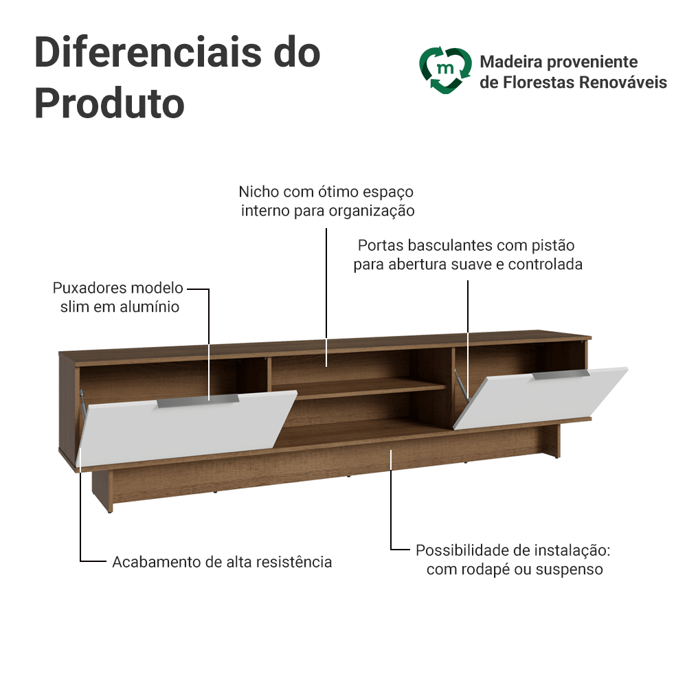 Rack para TV até 80 Polegadas 218 cm 2 Portas Rustic/Branco Stella Madesa