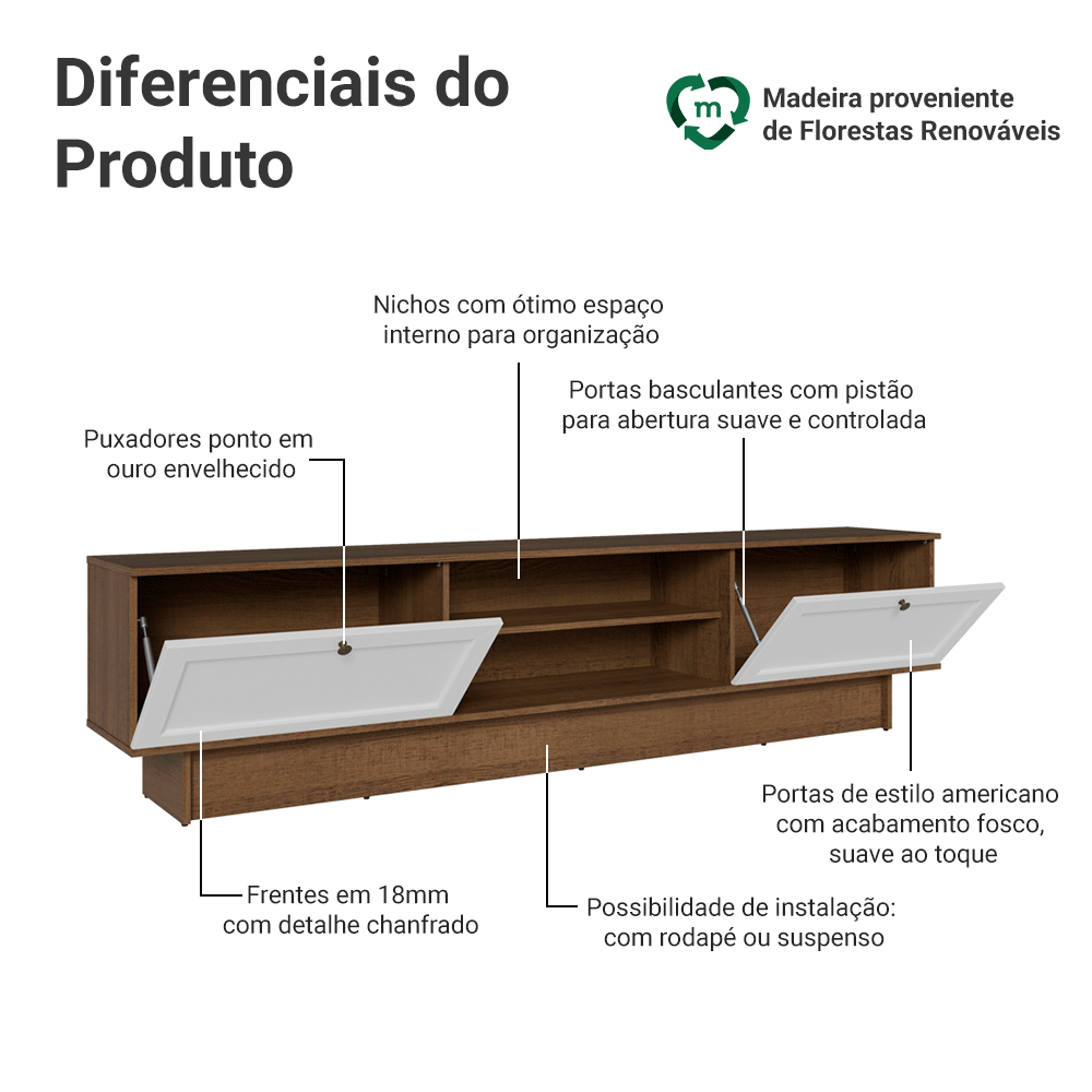 Rack para TV até 80 Polegadas 218 cm 2 Portas Rustic/Branco Vik Madesa