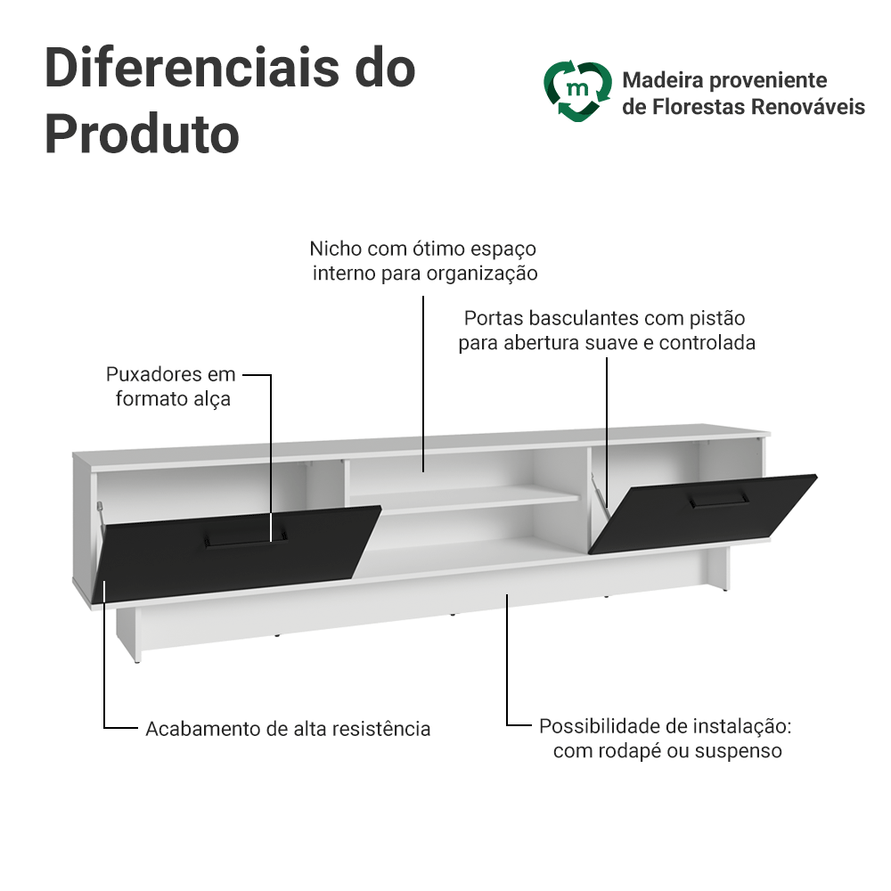 Rack para TV até 80 Polegadas 218 cm 2 Portas Branco/Preto Agata Madesa