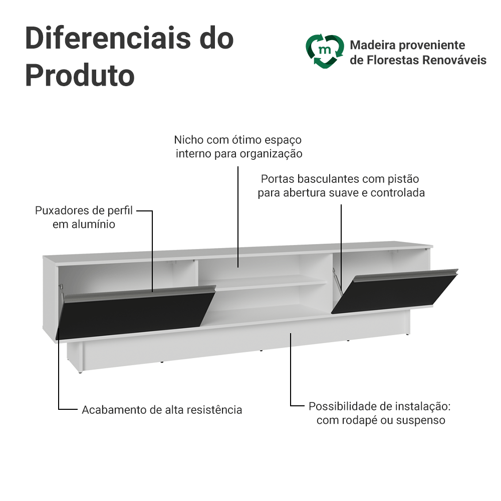 Rack para TV até 80 Polegadas 218 cm 2 Portas Branco/Preto Glamy Madesa