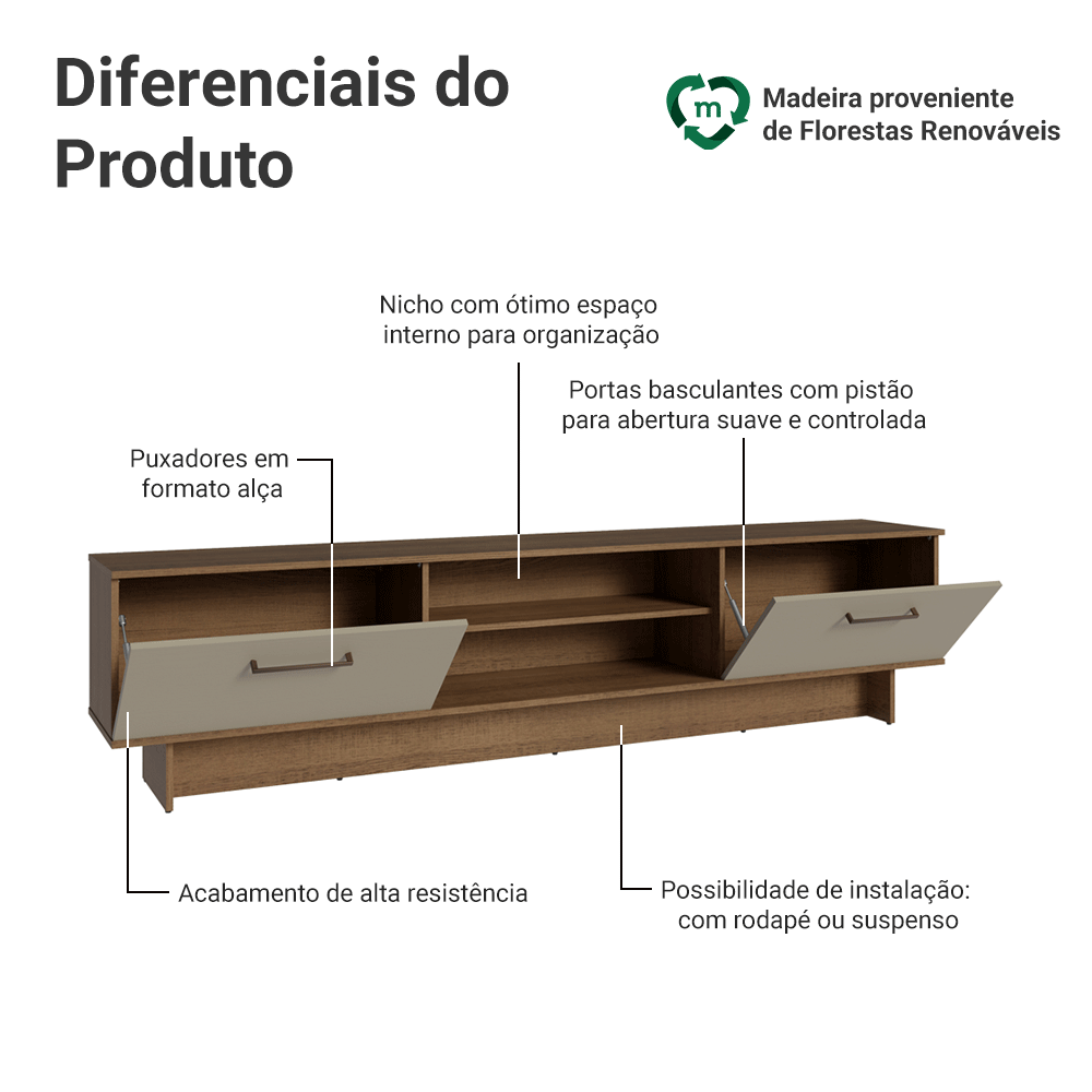 Rack para TV até 80 Polegadas 218 cm 2 Portas Rustic/Crema Agata Madesa