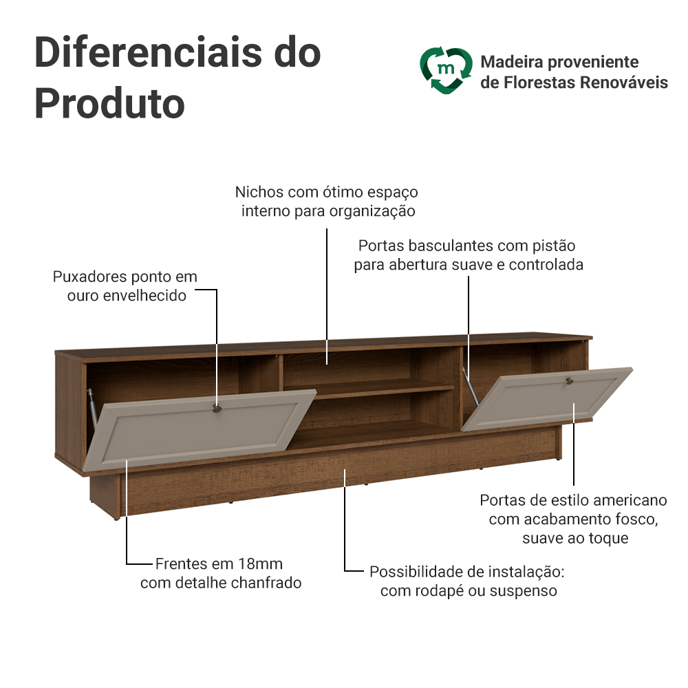 Rack para TV até 80 Polegadas 218 cm 2 Portas Rustic/Crema Vik Madesa