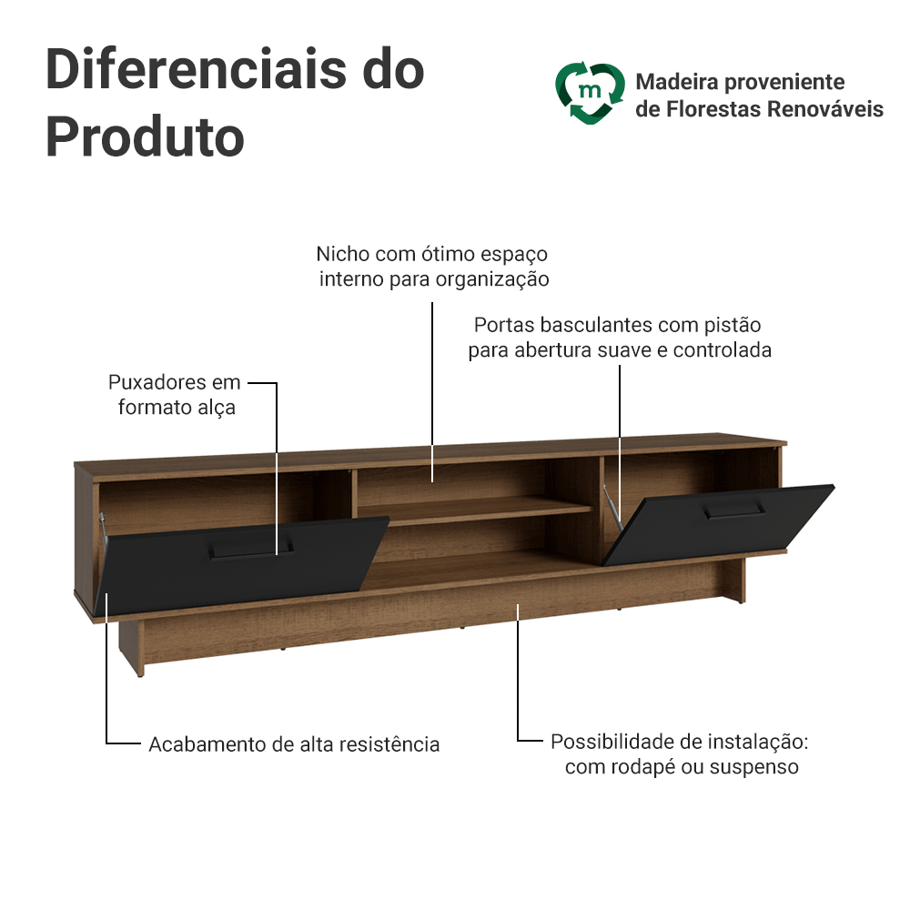 Rack para TV até 80 Polegadas 218 cm 2 Portas Rustic/Preto Agata Madesa
