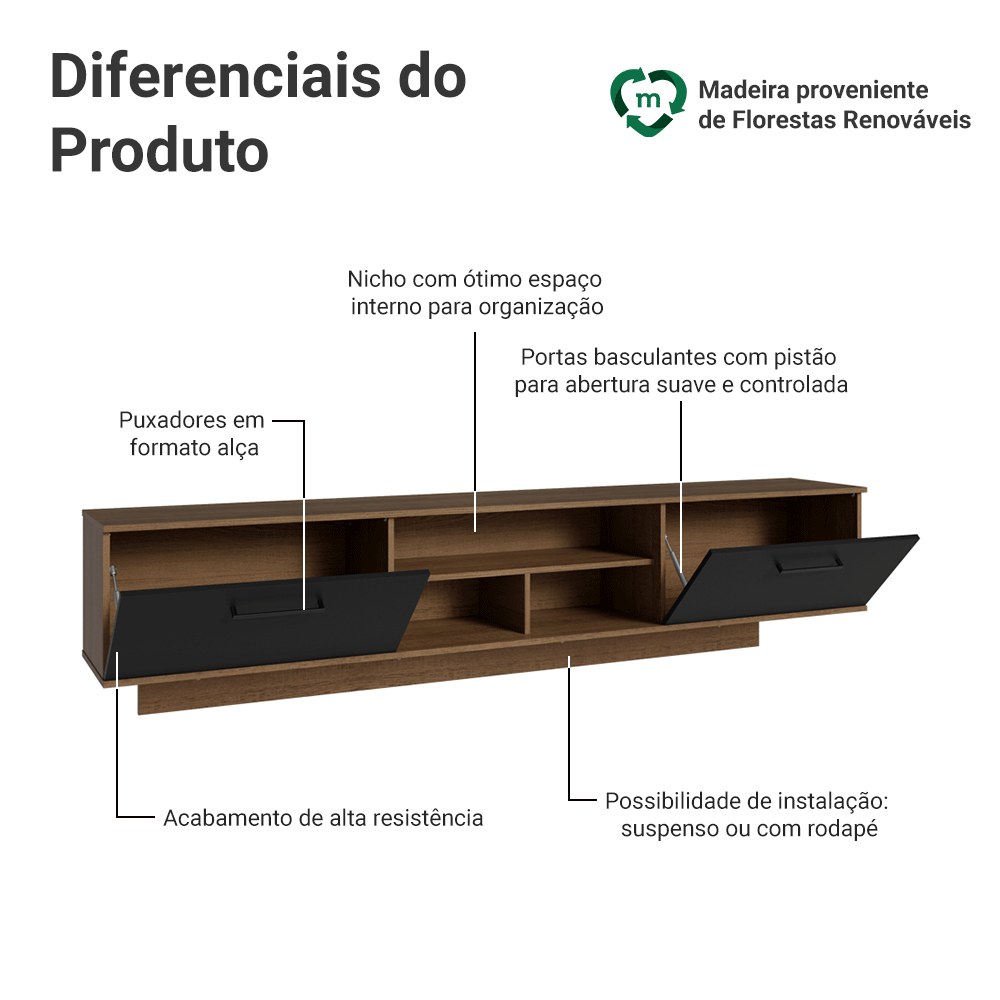 Rack Suspenso para TV até 80 Polegadas 218 cm 2 Portas Rustic/Preto Agata Madesa