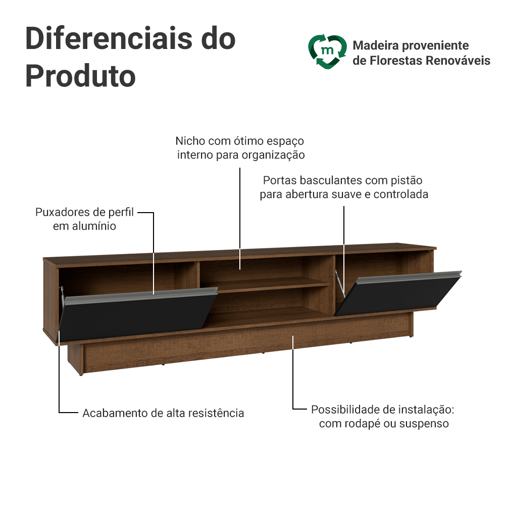 Rack para TV até 80 Polegadas 218 cm 2 Portas Rustic/Preto Glamy Madesa