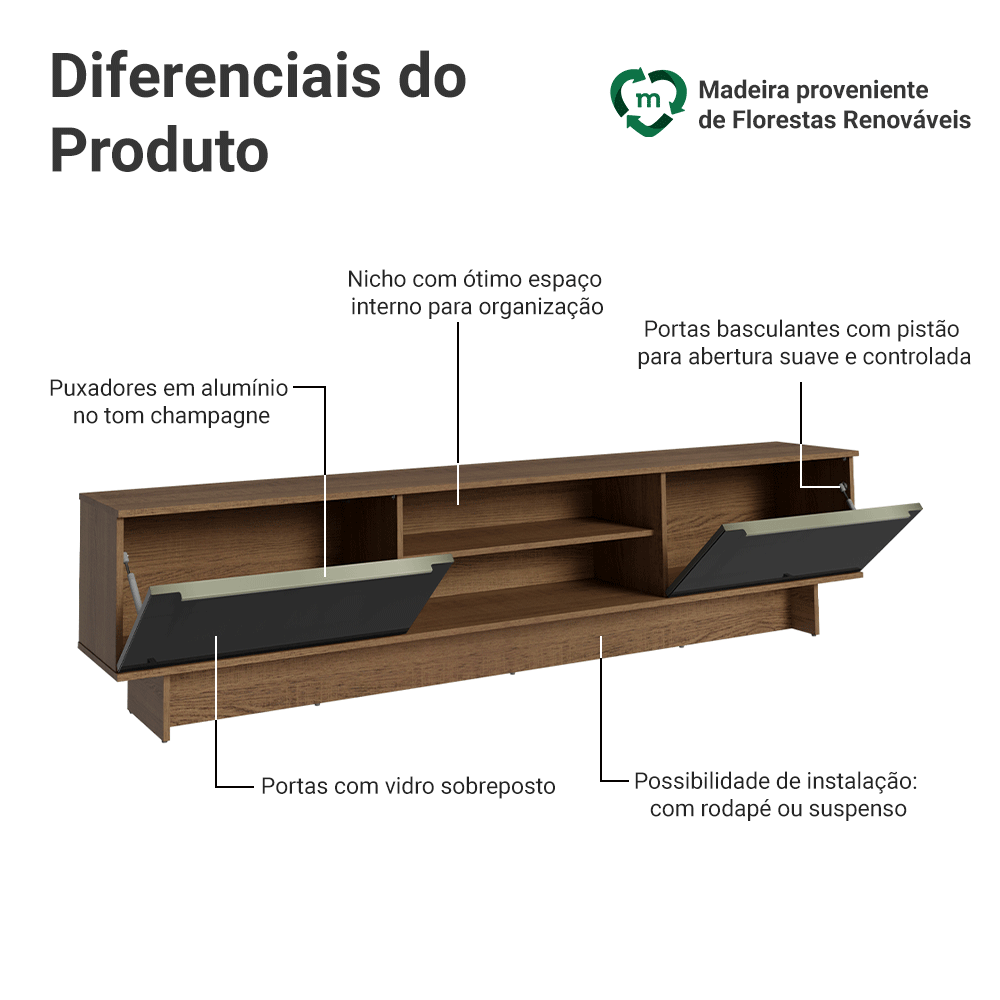 Rack para TV até 80 Polegadas 218 cm 2 Portas Rustic/Preto Lux Madesa