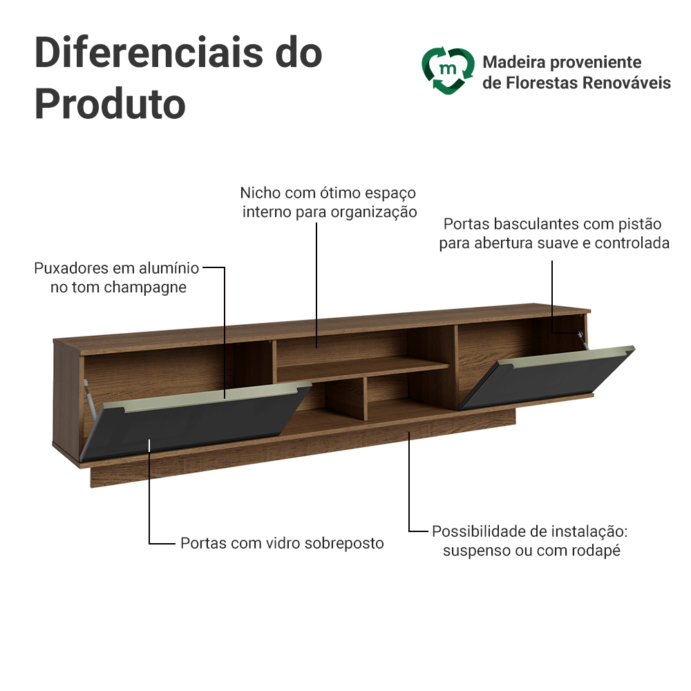 Rack Suspenso para TV até 80 Polegadas 218 cm 2 Portas Rustic/Preto Lux Madesa
