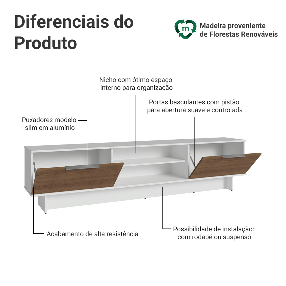 Rack para TV até 80 Polegadas 218 cm 2 Portas Branco/Rustic Stella Madesa