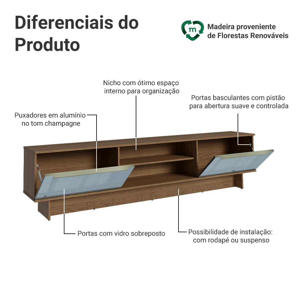 Rack para TV até 80 Polegadas 218 cm 2 Portas Rustic/Cinza Lux Madesa