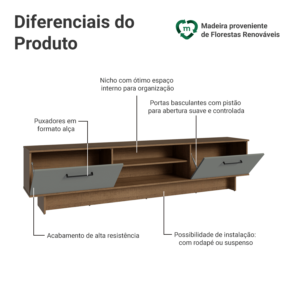 Rack para TV até 80 Polegadas 218 cm 2 Portas Rustic/Cinza Agata Madesa