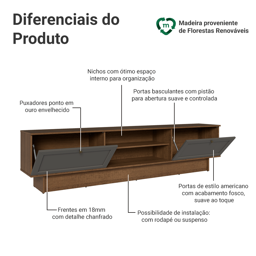 Rack para TV até 80 Polegadas 218 cm 2 Portas Rustic/Cinza Vik Madesa