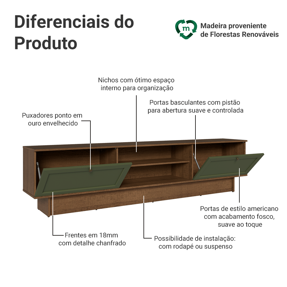 Rack para TV até 80 Polegadas 218 cm 2 Portas Rustic/Verde Vik Madesa