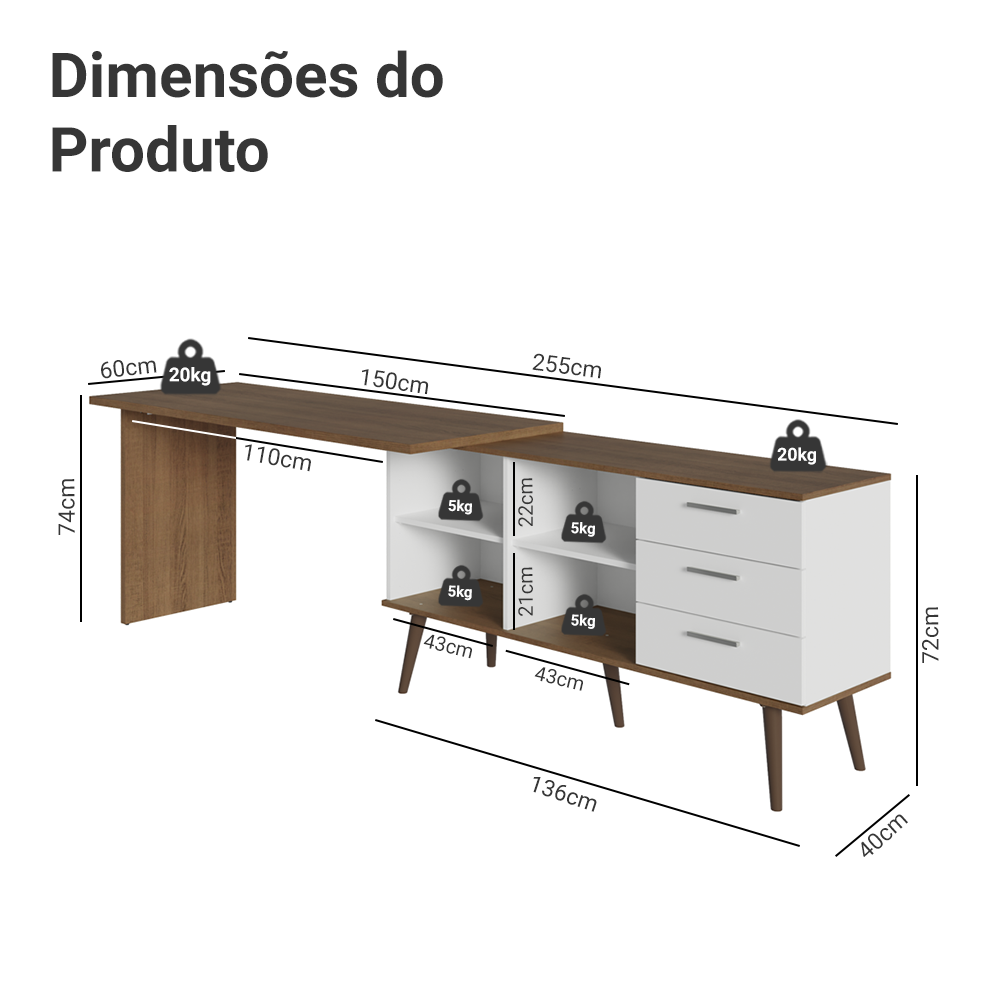 Escrivaninha Mesa de Escritório de Canto 3 Gavetas Branco/Rustic Lisboa Madesa