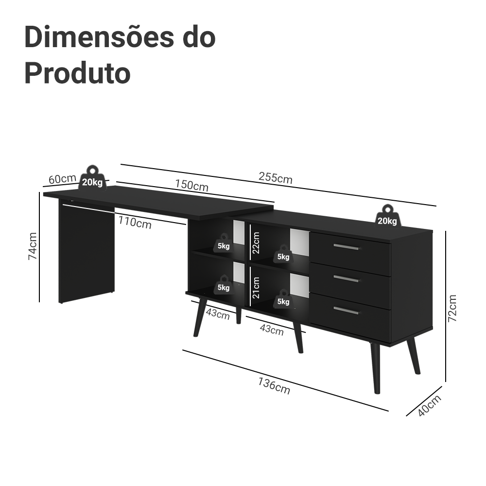 Escrivaninha Mesa de Escritório de Canto 3 Gavetas Preto Lisboa Madesa