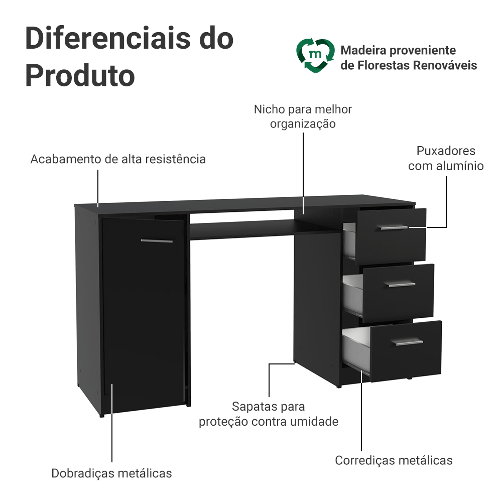 Escrivaninha Madesa Alaska 3 Gavetas 1 Porta Preto