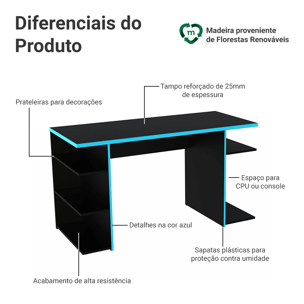 Mesa para Computador Gamer Madesa 9409 Preto/Azul