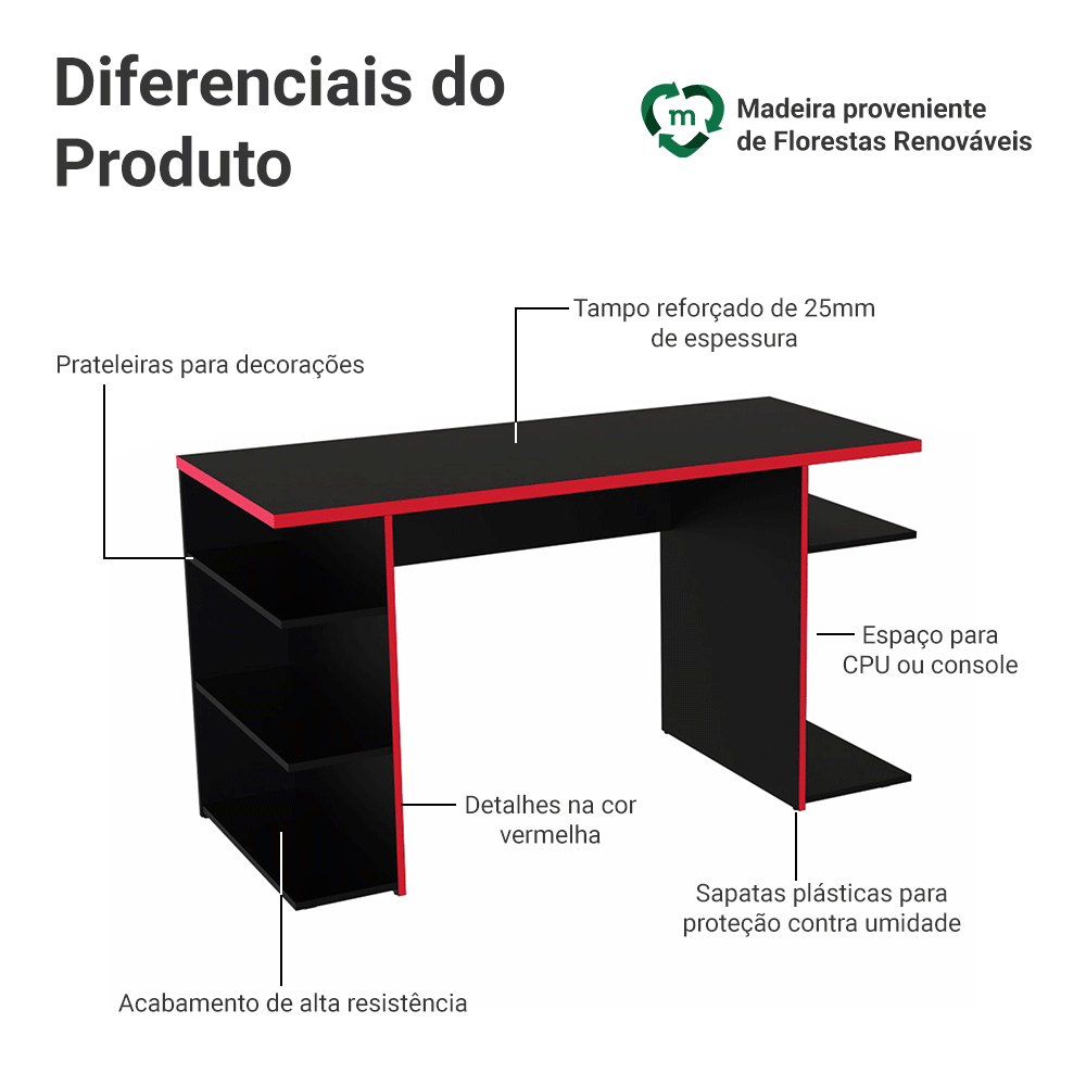 Mesa para Computador Gamer Madesa 9409 Preto/Vermelho