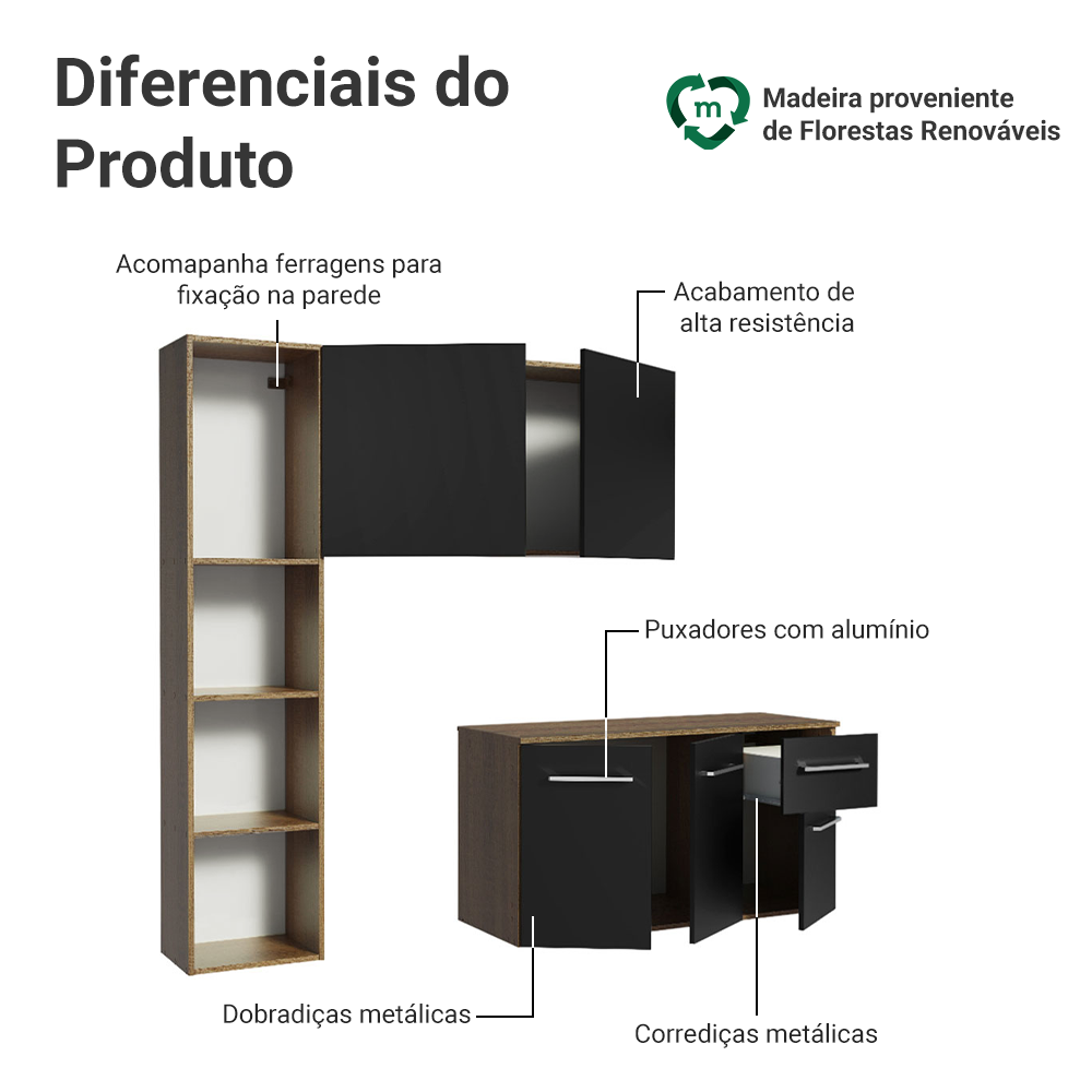 Armário de Cozinha Compacta 120cm Rustic/Preto Easy Madesa