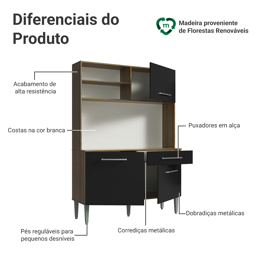 Armário de Cozinha Compacta 120cm Rustic/Preto Life Madesa