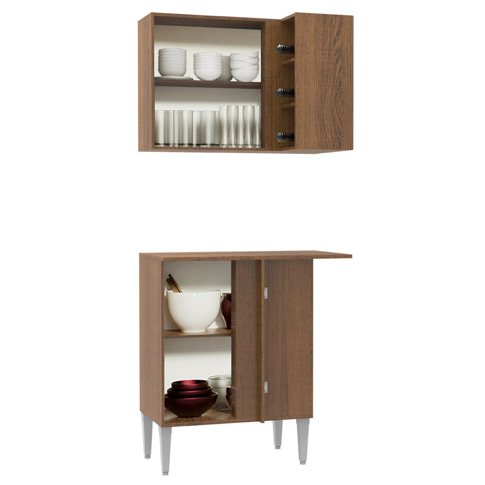 Kit de Canto Reto Madesa Emilly 2 Portas com Armário Aéreo, Adega e Balcão Rustic/Preto