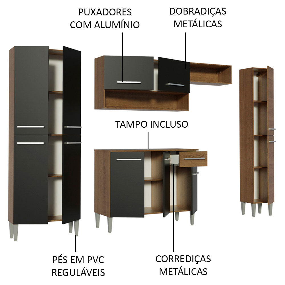 Armário de Cozinha Completa 261cm Rustic/Preto Emilly Hit Madesa