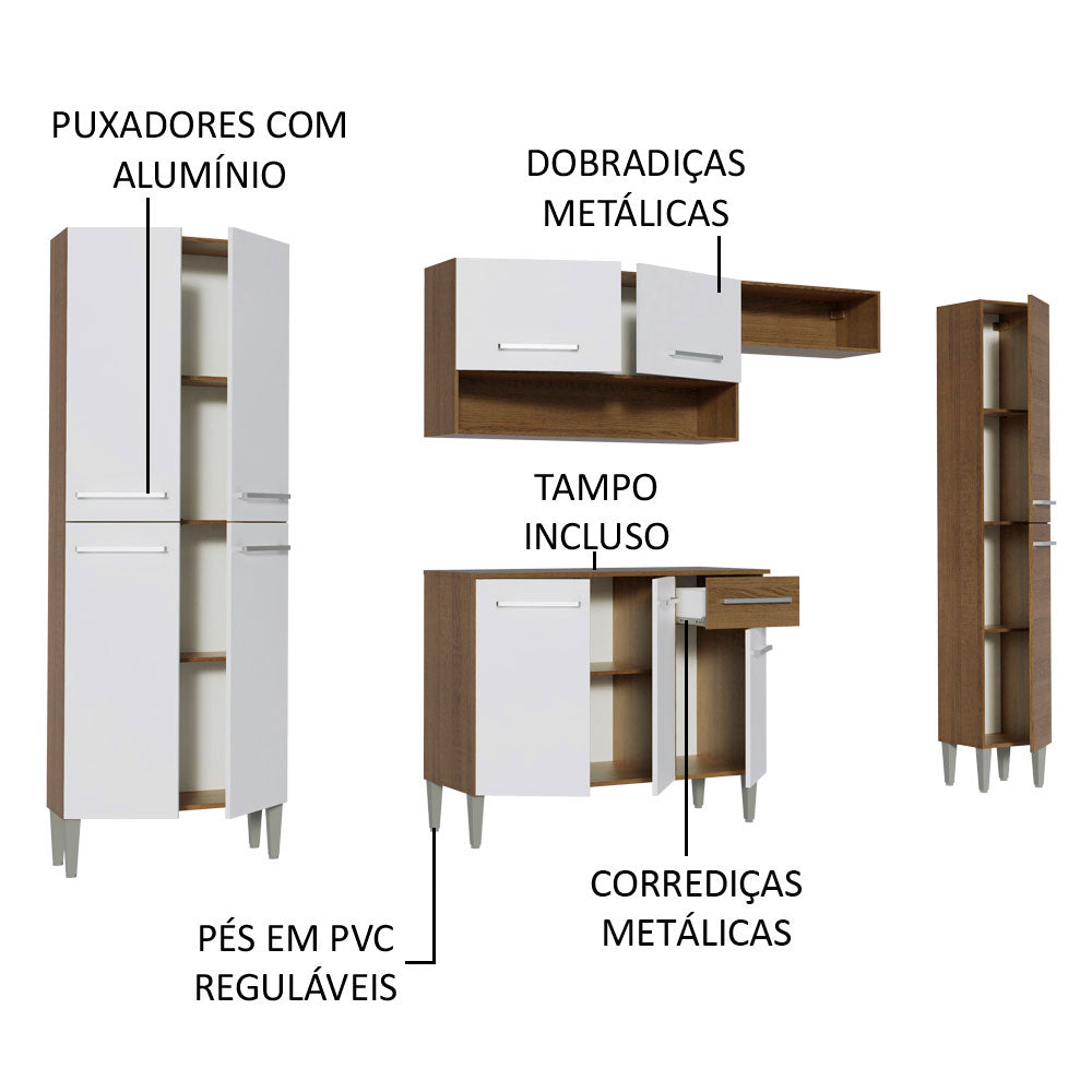 Armário de Cozinha Completa 261cm Rustic/Branco Emilly Hit Madesa