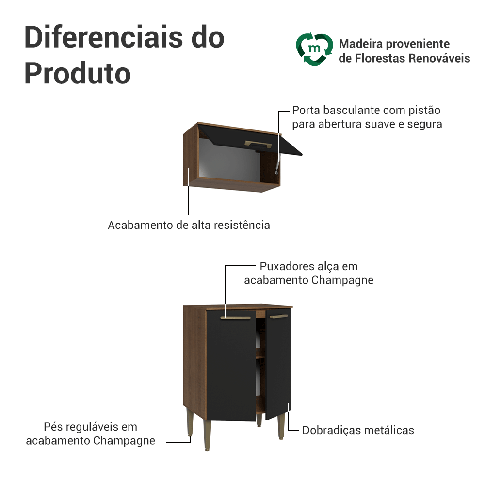 Kit Cozinha com Armário Aéreo e Balcão 60 cm Rustic/Preto Lille Madesa