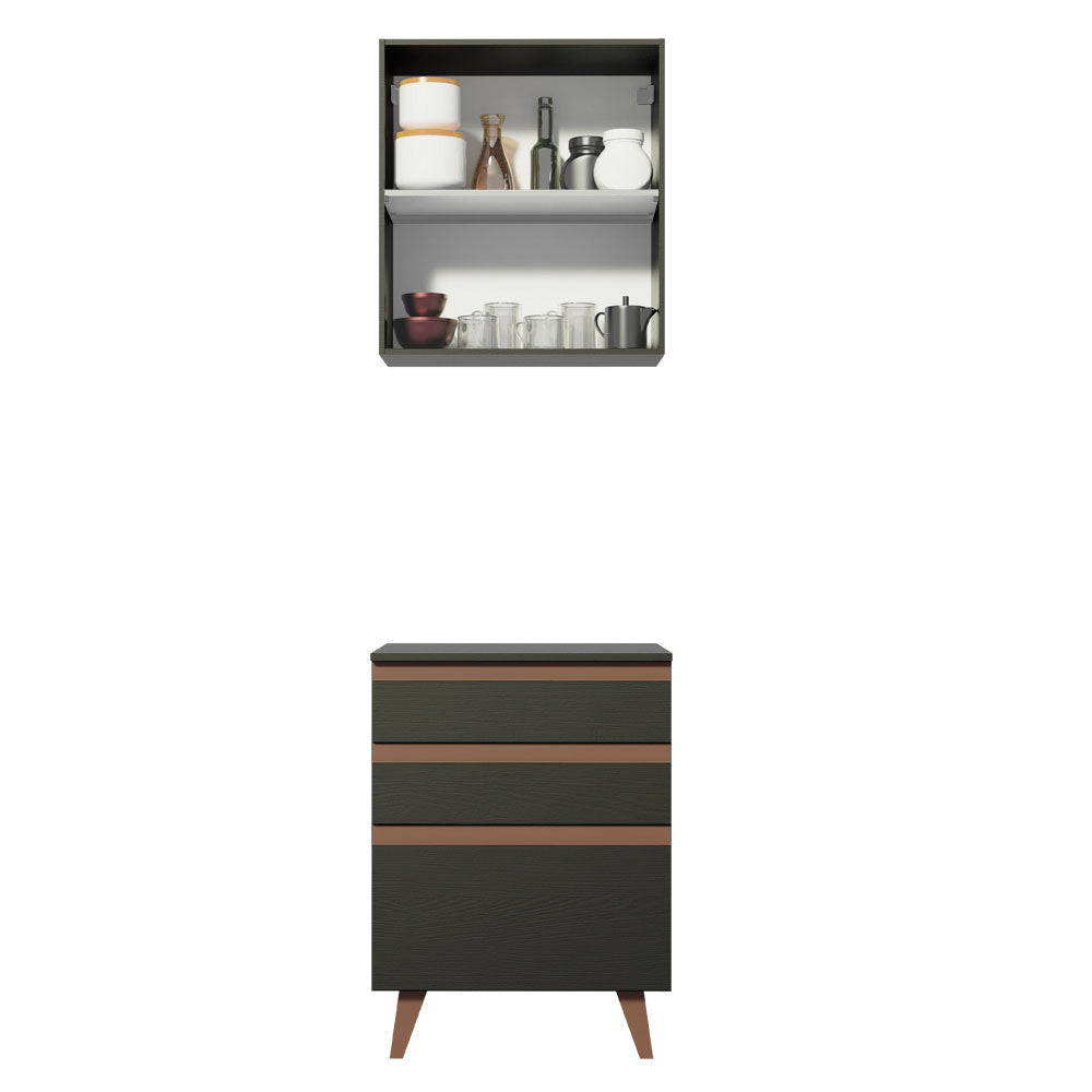 Kit Madesa Reims 60 cm com Armário Aéreo e Balcão com 3 Gavetas Preto